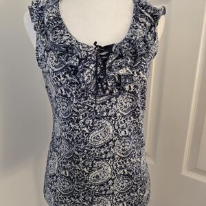 Ralph Lauren Petite Sz. P/M Sleeveless Ruffled Blue/wht Paisley Top